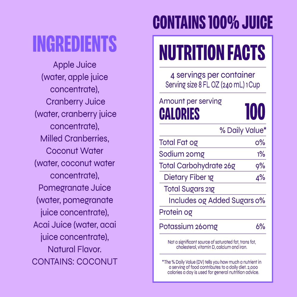 Revl Fruits™ 100% Juice, No Added Sugar, Cranberry Pomegranate Acai, Berry Wild, 32 fl oz. Carton (Pack of 2)