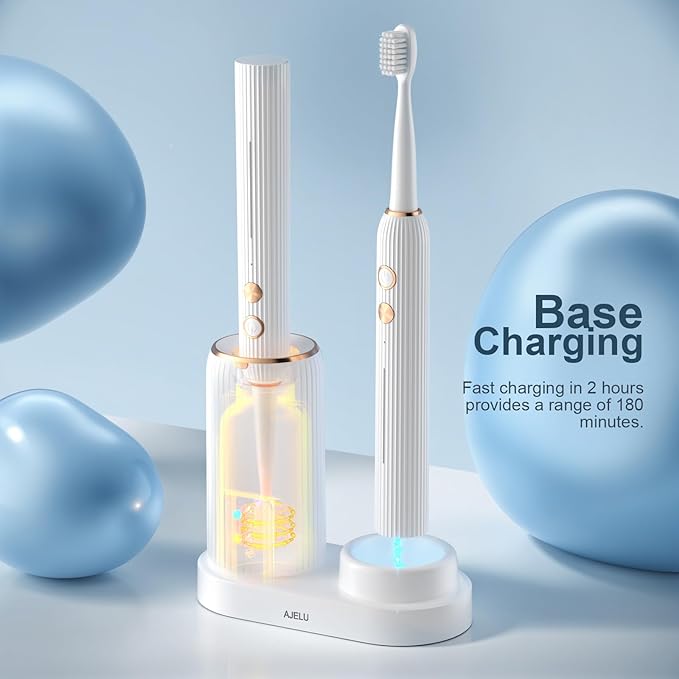 Electric Toothbrush Set with Drying & Sanitizing Holder, 8 Replacement Brush Heads, Transparent Rinse Cup, Smart Timer, USB Rechargeable for Adults
