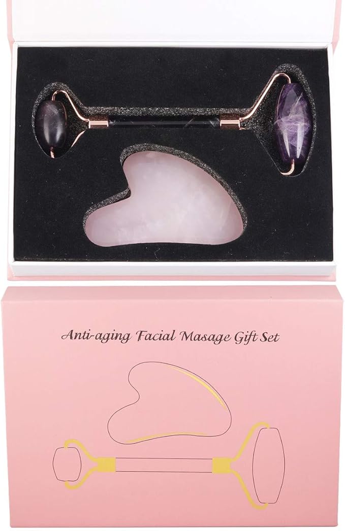 Rockcloud Natural Crystal Jade Roller and Gua Sha Scraping Set Massager Tool for Anti Aging Beauty Neck Body Reduce Wrinkles Facial Massager Therapy Amethyst and Rose Quartz