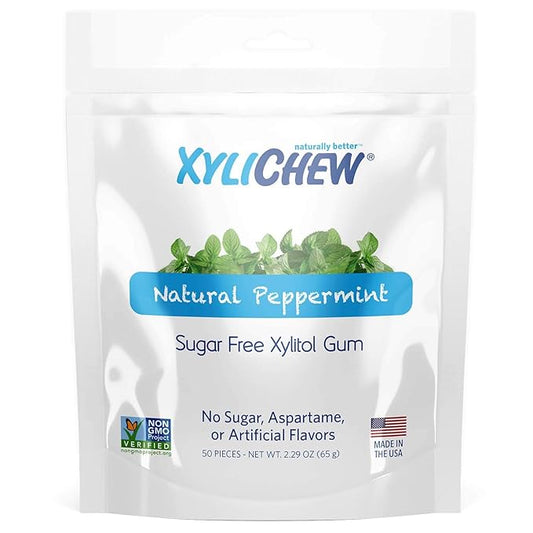 Xylichew 100% Xylitol Chewing Gum - Non GMO, Non Aspartame, Gluten Free, and Sugar Free Gum - Natural Oral Care, Relieves Bad Breath and Dry Mouth - Peppermint, 50 Count