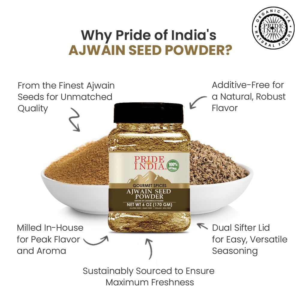 Pride of India - PACK of 6 - Ajwain Seed Powder – Gourmet Indian Spice – Made from Fresh Carom Seeds – Rich in Nutrients – Aromatic & Flavorful – Easy to Use - 8oz. Medium Dual Sifter Jar