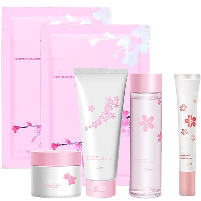 6Pcs Amino Acid Skin Care Products Set, Sakura Skin Care Sets, Nicotinamide Skin Care Gift Set for Women Girls, Skincare Routine Set, Face Care Kit with Cleanser, Mask, Toner, Eye Cream, Moisturizer