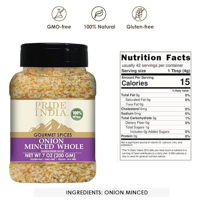 Pride of India- Minced Onion 7 oz (200 gm)- Ready to Use Fresh Onion- Time Saving Sweet & Salty Flavoured Ingredient- Perfect for Ramen, Soups, Meatballs, Marinades, Sauces, Dips & Stews- Gluten Free, Vegan, Non-GMO