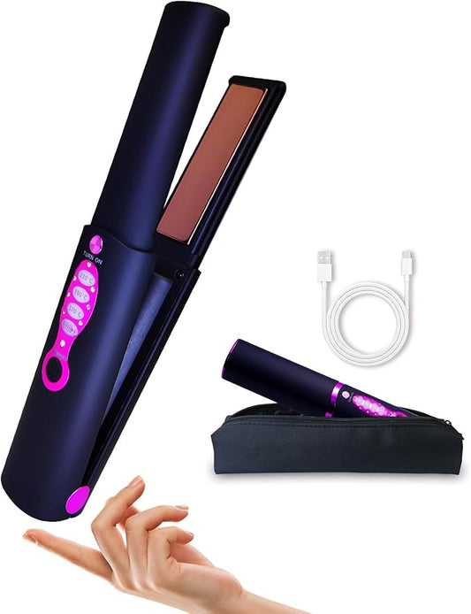 Travel Small Hair Straightener and Curler 2 in 1 for Short Hair, Cordless Titanium Flat Iron, Portable, USB-C Rechargeable, Fast Heating, Dual Voltage, 5000mAh Battery, 3 Temp Settings (Decent Black)