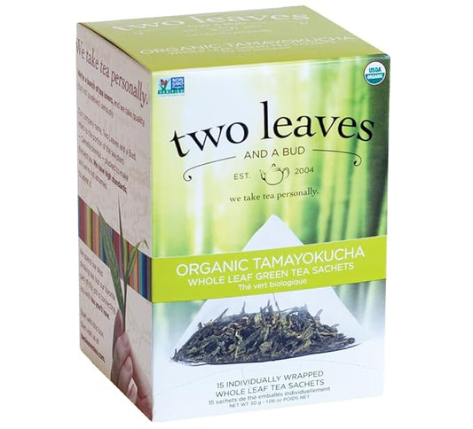 Two Leaves and a Bud Organic Tamayokucha Tea Bags, Whole Leaf Tea in Compostable Sachets, Green Japanese Tea, Light Flavor, 15 Count (Pack of 1)