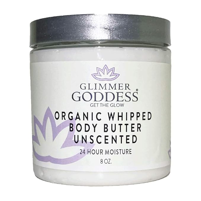 GLIMMER GODDESS Organic Whipped Body Butter - Unscented, Vegan, 24 hour Hydration, Reduces Stretch Marks, For Eczema and all Skin Types, Baby Friendly, Organic Ingredients 8 oz