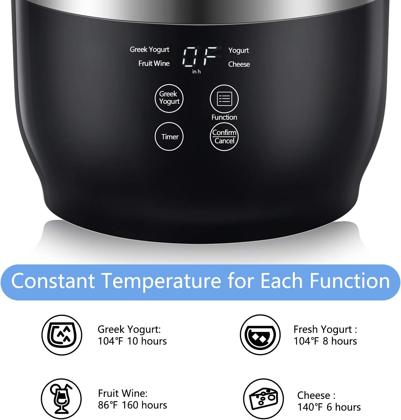 Bear Yogurt Maker, Greek Yogurt Maker Machine with Strainer and Timer Control, Stainless Steel Inner Pot, Automatic Digital with 2 Glass Jars 1 Quart for Home Organic Yogurt, Cheese, Fruit Wine