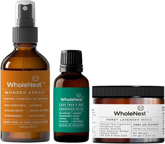 Complete Postpartum Care Includes Wonder Spray, Less Than A Day Hemorrhoid Relief, and Honey Lavender Perineal Balm for Comprehensive Recovery and Soothing Comfort for New Moms