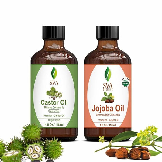 SVA Castor Oil 4oz & Jojoba Oil 4oz Bundle Super Saver Combo – Premium Grade Bundle Set for Hair Oiling, Scalp Massage, Hair Care, Face, Skin Care and Body Massage