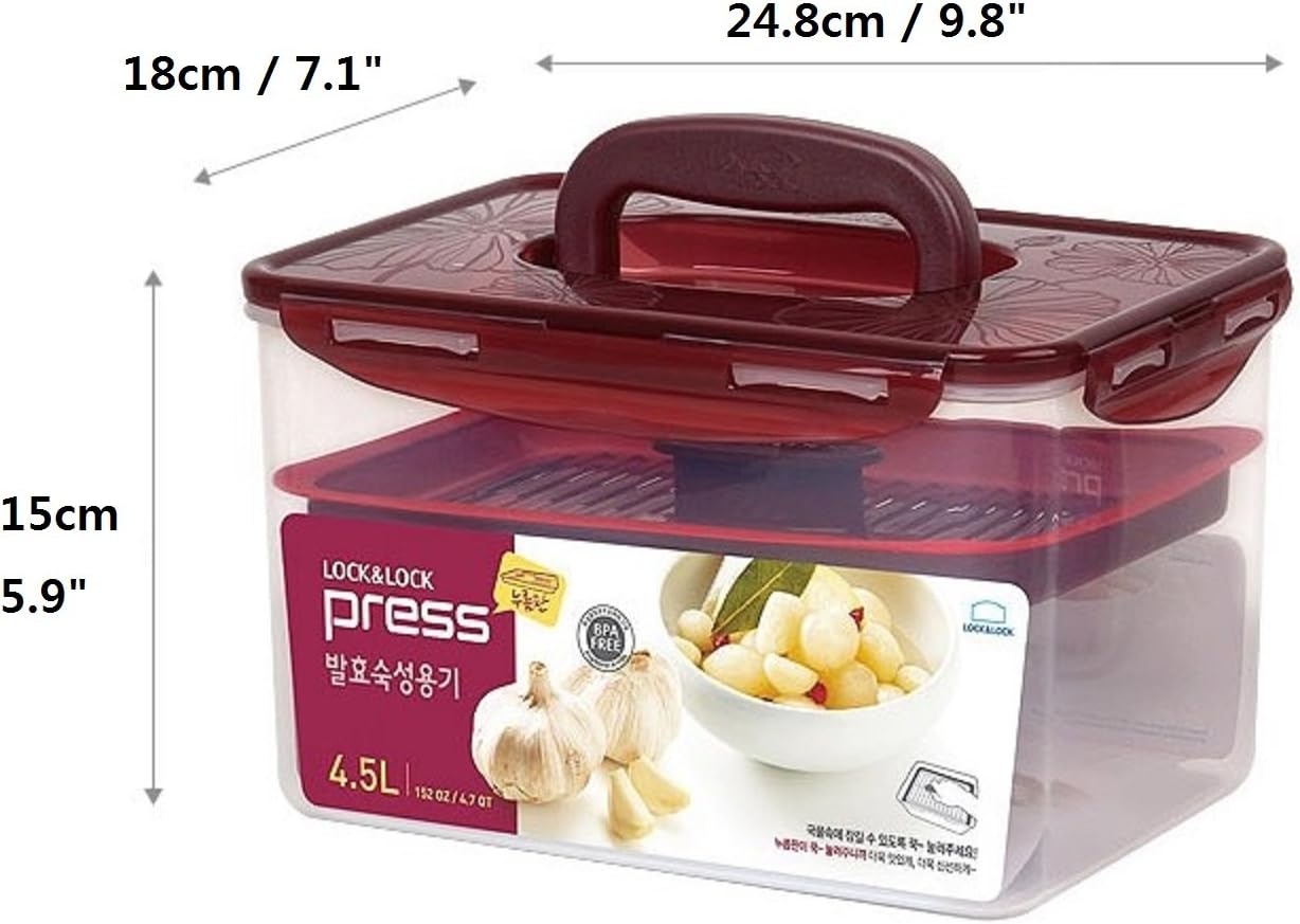 LockandLock Press Plate Leakproof Airtight Pickle Kimchi Container 4.5L / 152oz BPA Free One Handle Clear Body Maintain Fresher Taste