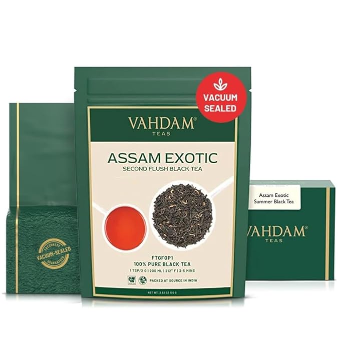 VAHDAM, Fresh Harvest Assam Tea Leaves with Golden Tips, 3.53oz (50 Cups) Strong, Malty & Rich - Exotic Assam Tea Loose Leaf | Pure Assam Black Tea | English Breakfast Tea