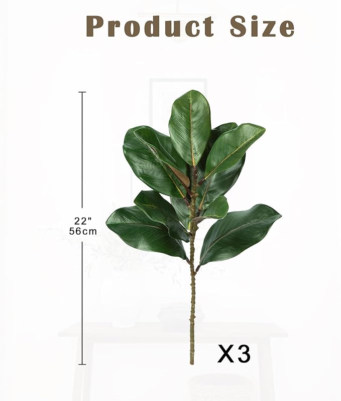 Briful Faux Magnolia Branches 22 Inches Artificial Leaves Stems Faux Greenery for Home Bathroom Table Vase Farmhouse Decor (Dark Green - Pack of 3)