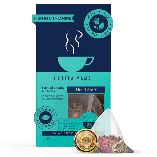 HOTTEA MAMA | Head Start | Organic White Tea & Rose Herbal Blend | Slow Release Caffeine L-Theanine | For Alertness & Brain Fog | 14 Whole Leaf Biodegradable Tea Bags (28 Cups)