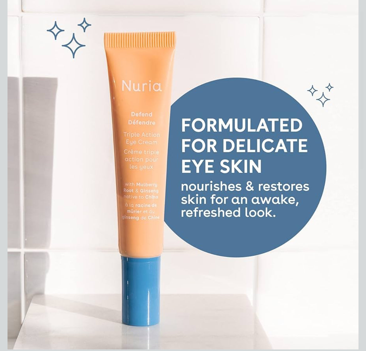 Nuria - Defend Triple Action Eye Cream for Dark Circles, Puffiness and Fine Lines, Nourishing Under Eye Cream with Ginseng and Mulberry Root, 15mL/0.5 fl oz