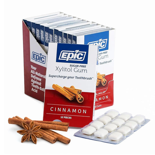 Epic 100% Xylitol Cinnamon Chewing Gum - Sugar Free, Aspartame Free Dental Gum - Supports Oral Health & Fresh Breath - 12 Pieces (Pack of 12)