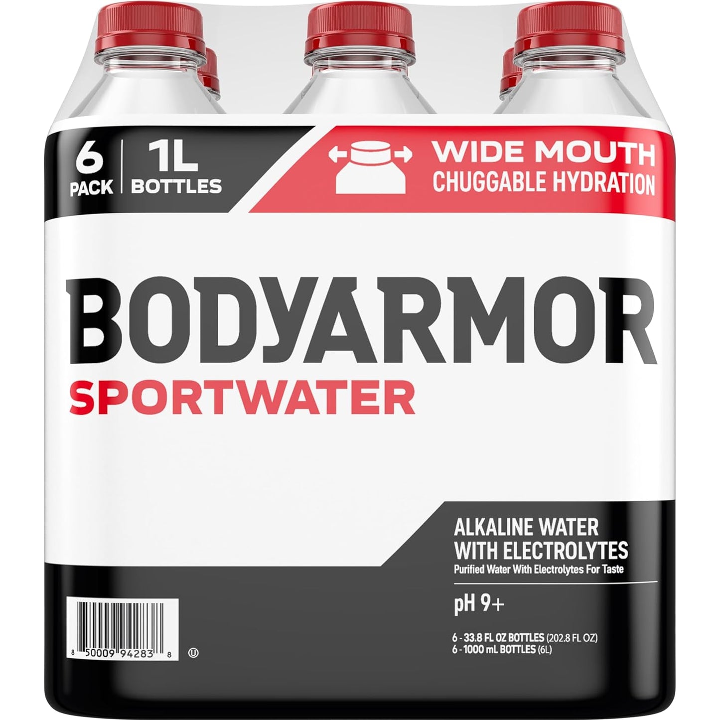 BODYARMOR SportWater Alkaline Water, Superior Hydration, High Alkaline Water pH 9+, Electrolytes, Perfect for your Active Lifestyle, 1 Liter (Pack of 6)