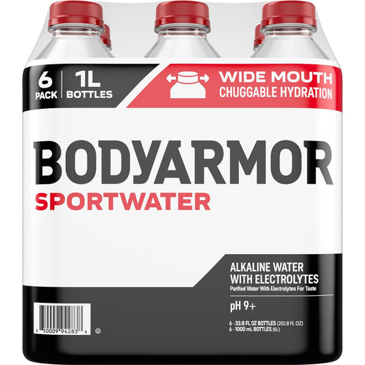 BODYARMOR SportWater Alkaline Water, Superior Hydration, High Alkaline Water pH 9+, Electrolytes, Perfect for your Active Lifestyle, 1 Liter (Pack of 6)