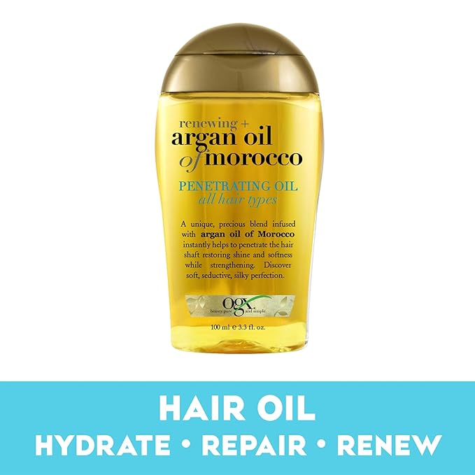 OGX Renewing + Argan Oil of Morocco, Cold-Pressed Argan Oil for Hair Penetrating Treatment & Shine, Moisturizing & Strengthening Silky Oil for All Hair Types, Paraben & Sulfate Free, 3.3 fl oz