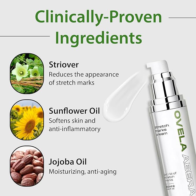 Abera Ovela Maternity Stretch Mark Cream with Eye Mask for Pregnancy and Weight Fluctuations, Stretch Mark Treatment Pregnancy Must Haves, Deep Stretch Mark Removal, All Skin Types, 1.69 fl oz