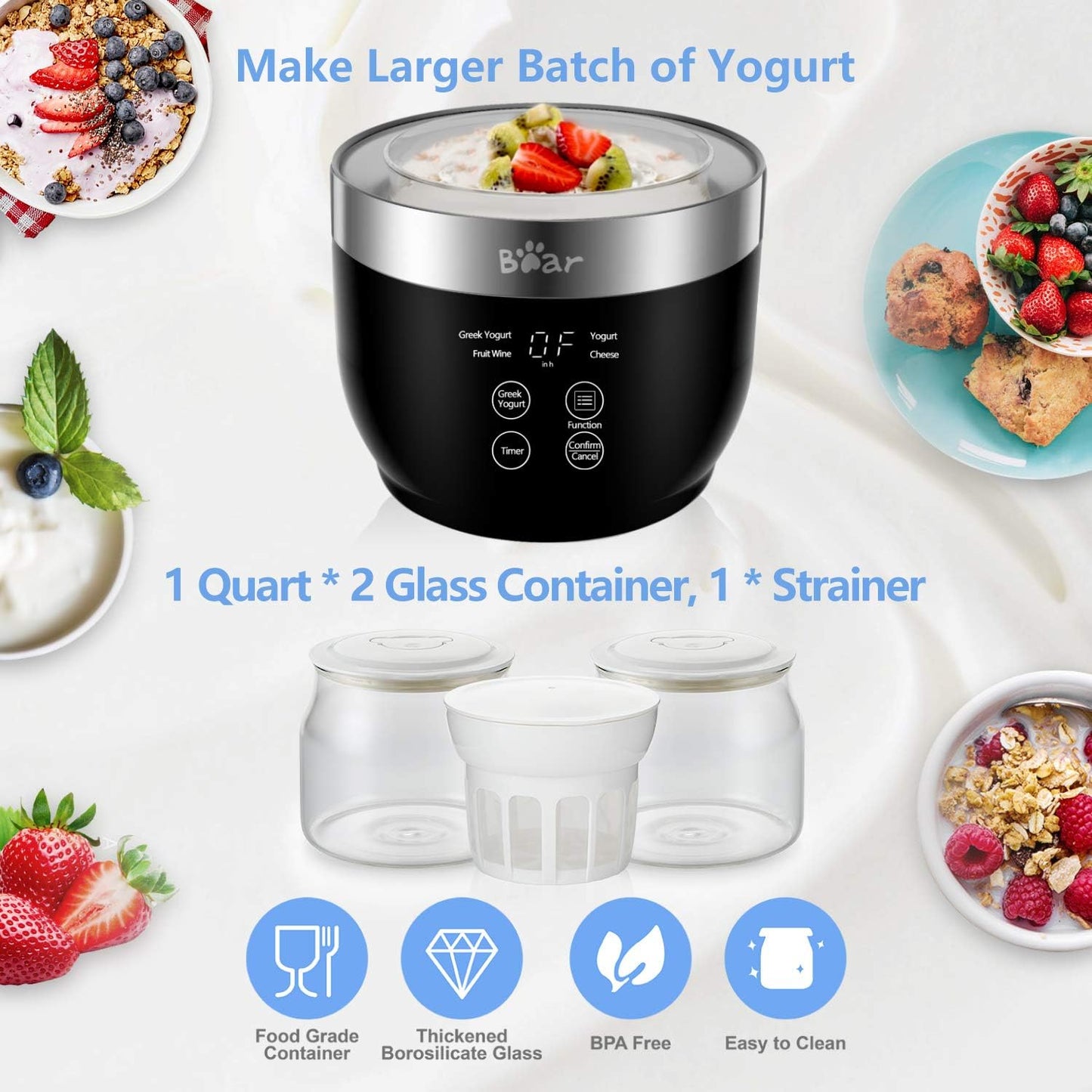 Bear Yogurt Maker, Greek Yogurt Maker Machine with Strainer and Timer Control, Stainless Steel Inner Pot, Automatic Digital with 2 Glass Jars 1 Quart for Home Organic Yogurt, Cheese, Fruit Wine