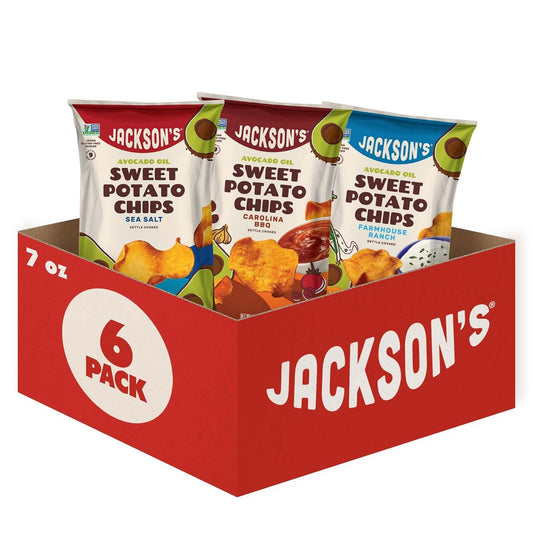 Jackson’s Sweet Potato Kettle Chips Avocado Oil Variety Pack made with Premium Oils (7oz, Pack of 6) Sea Salt, Ranch and BBQ Flavors - Allergen-friendly, Gluten Free, Vegan