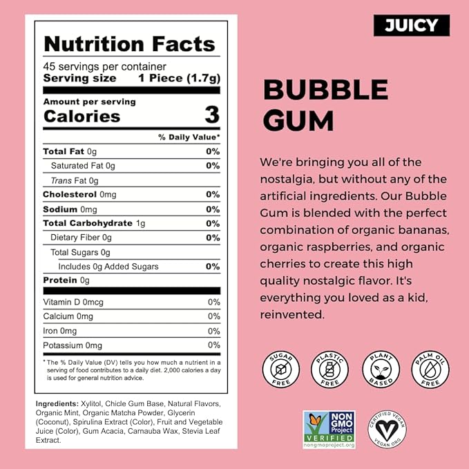 Refresh Gum, Xylitol, Sugar Free, Natural, Aspartame Free, Natural Flavors & Organic Ingredients, Plant-Based, Plastic Free, Non GMO, Gluten Free, Vegan, Bubble Gum Flavor, 12 Pcs, 12 Pack
