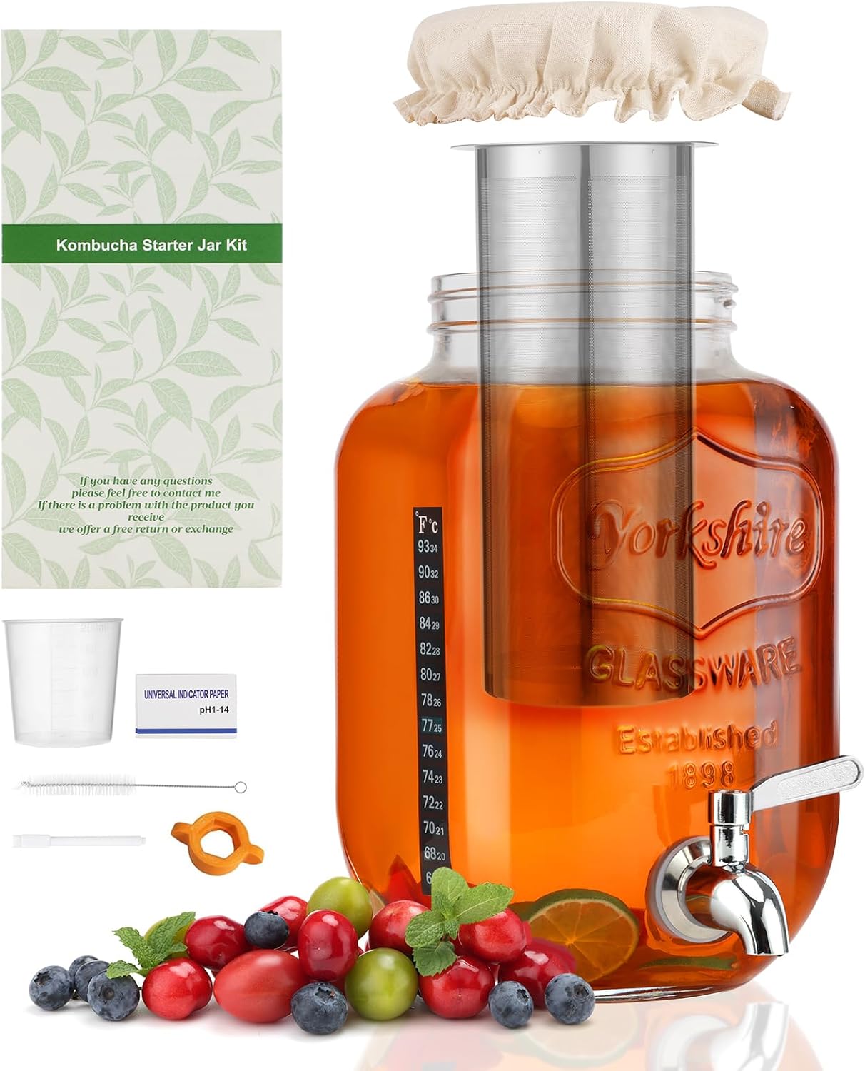 1 Gallon Kombucha Starter Kit, Glass Kombucha Jar with Spigot and Stainless Steel Mesh Filter Fermentation Kit for Home Brewed Kombucha Bottles, Includes Test Strips, Measuring Cups, Cloth Top