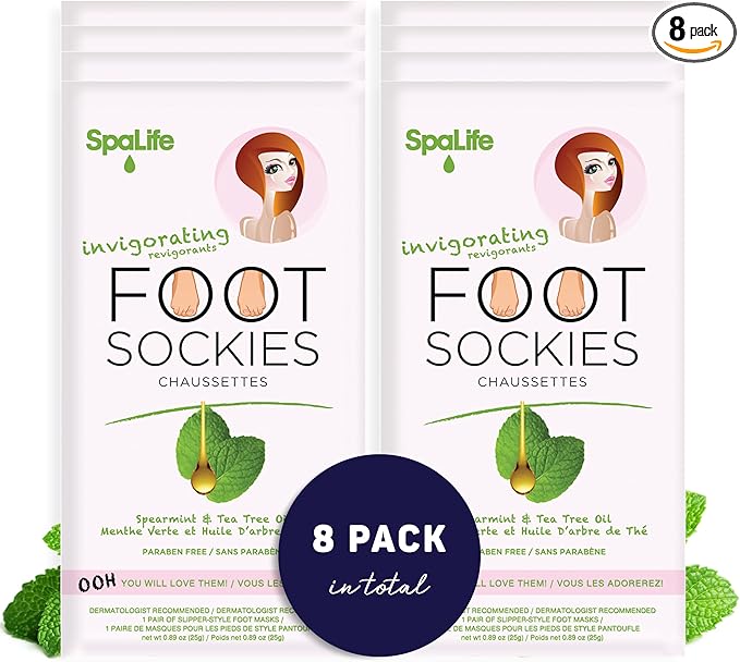 SpaLife Softening Care Foot Sockies (8-Pack) - Spearmint & Tea Tree Oil, Exfoliating Pack for Healthy Feet, Intensive Repair, Callus Remover Sockies, Dry Skin Solution, Moisturizing Foot Treatment