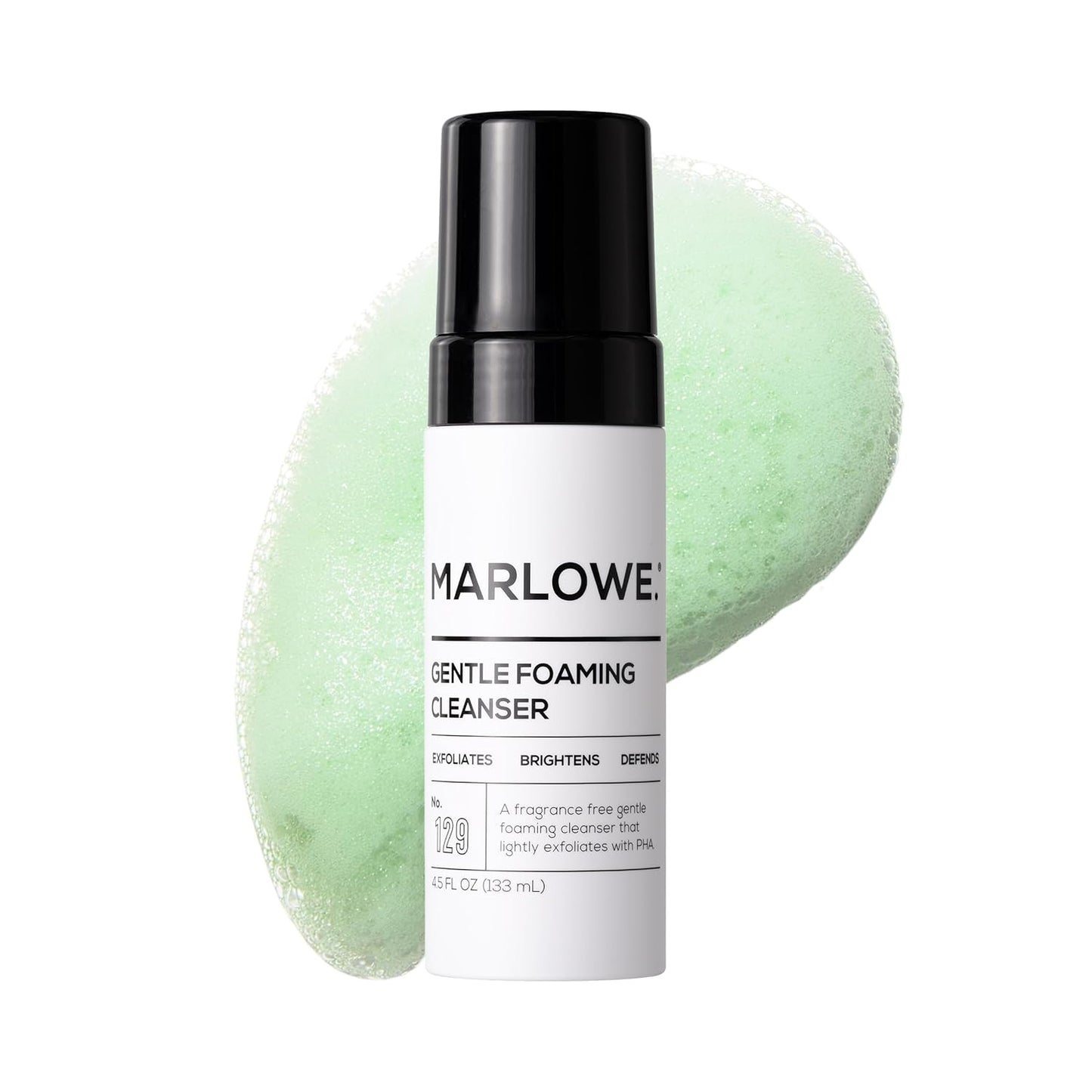 MARLOWE. No. 129 Gentle Foaming Facial  MARLOWE. No. 129 Gentle Foaming Facial Cleanser 4.5 Oz, Exfoliating, Brightening & Protective Daily Mens Face Wash with PHA, Natural Green Tea Extracts & Antioxidants, Unscented & Vegan