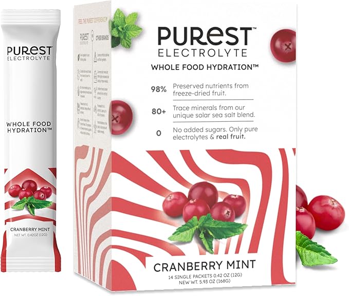 New! Purest Electrolyte Cranberry Mint Powder Packets – Whole Food Hydration - Organic Freeze-Dried Fruits and Solar Sea Salts for Ultimate Electrolyte Balance