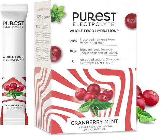 New! Purest Electrolyte Cranberry Mint Powder Packets – Whole Food Hydration - Organic Freeze-Dried Fruits and Solar Sea Salts for Ultimate Electrolyte Balance