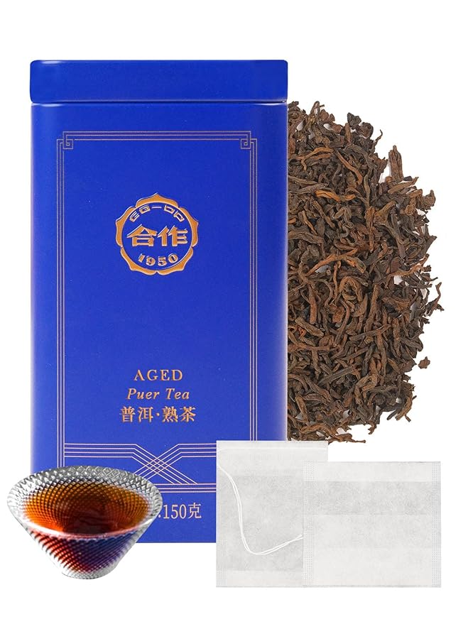CO-OP 1950 Ripe Pu Erh Tea Loose Leaf, 150g, Premium Yunnan Whole Loose Large-Leaf Fermented Pu-erh, Smooth, Mellow & Rich, Pure Pine Smoke Aroma, No Additives, 20 Empty Teabags Included
