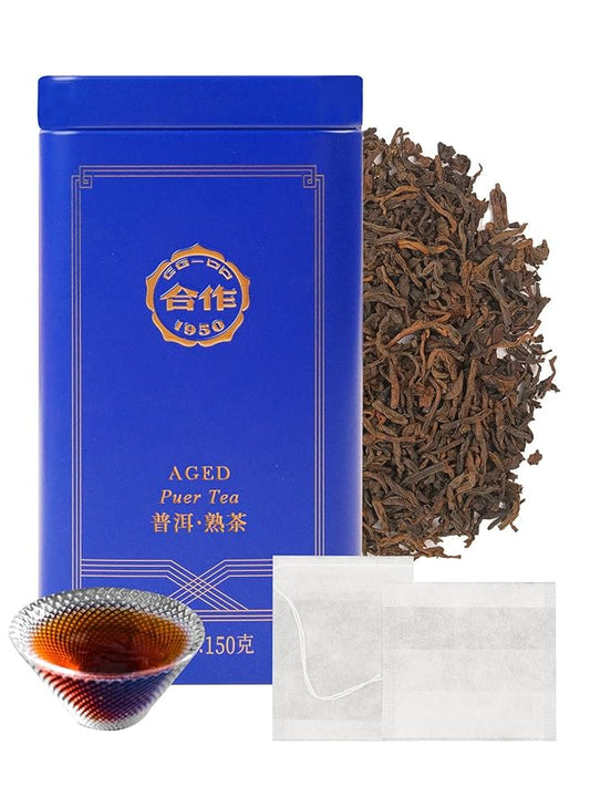 CO-OP 1950 Ripe Pu Erh Tea Loose Leaf, 150g, Premium Yunnan Whole Loose Large-Leaf Fermented Pu-erh, Smooth, Mellow & Rich, Pure Pine Smoke Aroma, No Additives, 20 Empty Teabags Included
