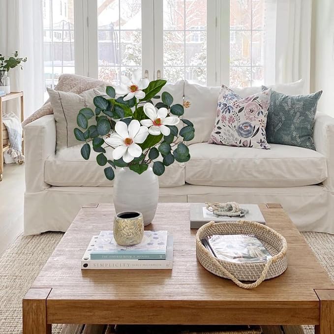 Briful Artificial Eucalyptus Stems 27in Faux Greenery Branches with Magnolia Flowers Spray Mixed Floral Greenery Bouquet for Home Vase Table Centerpiece Wedding Decoration