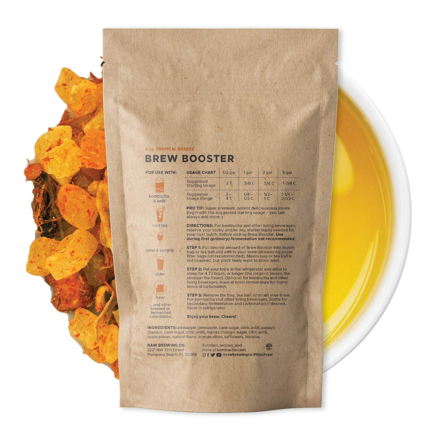 Tropical Breeze BREW BOOSTER - Super Premium Pineapple, Mango, Papaya Blend w/ Botanicals for Creating Store Quality Kombucha, Flavored Iced Tea, Sangria, and More - All Natural, Loose Leaf, Caffeine Free, No Artificial Flavors (8 ounce)