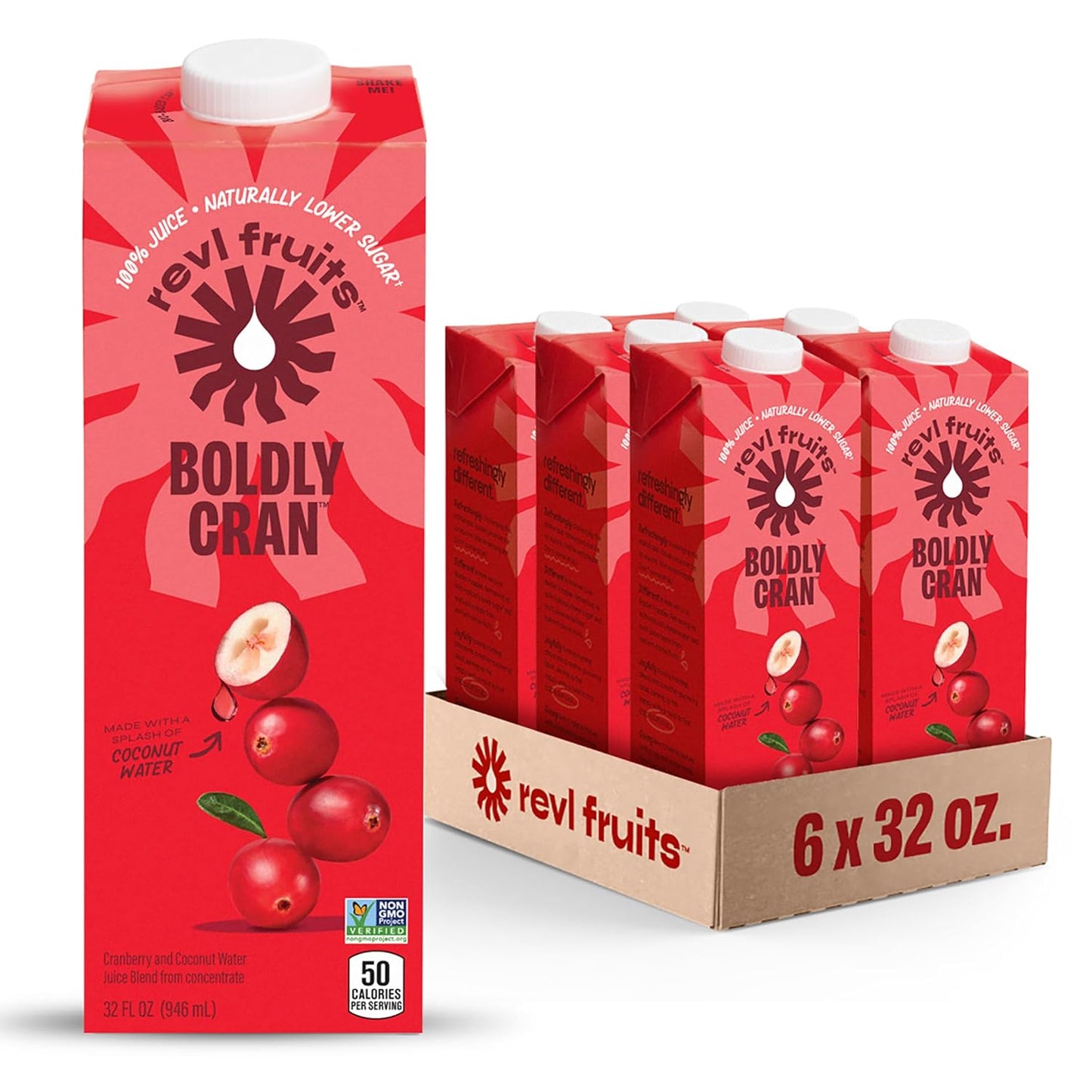 Revl Fruits™ 100% Juice, Boldly Cran™ Cranberry Juice, No Added Sugar, 32 fl oz. Carton (Pack of 6)