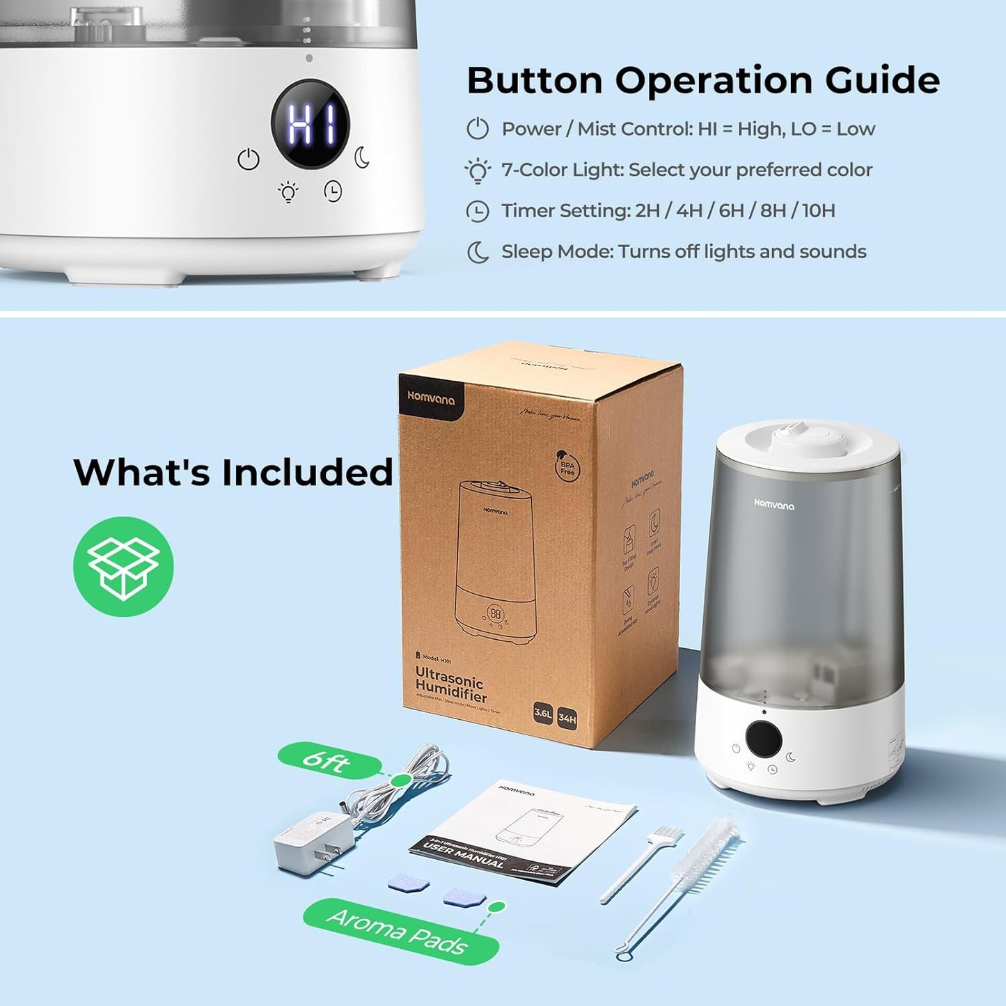 Homvana Humidifiers for Bedroom Home, 3.6 L Cool Mist Top-Fill 34H Super Long Time, Quiet 23dB, Baby Humidifier, Oil Diffuser for Large Room, Plants, Nursery, Office BPA FREE, 7 Color Light Ultrasonic