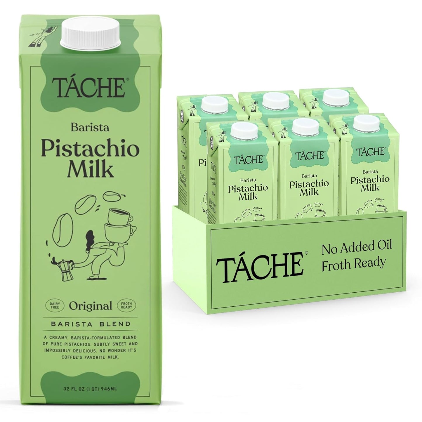 Táche Pistachio Milk and Coffee Bundle, Original & Unsweetened Barista Milks with Ready-to-Drink Latte, 6-Pack Each
