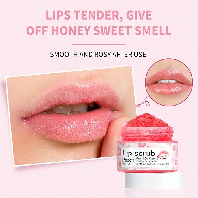 Lip Scrub, Lip Scrubs Exfoliator & Moisturizer,Lip Scrub for Dark Lips,Natural Sugar Lip Scrub with Lip Brush,Repair Cracked Lips,Chapped Lips (Peach)