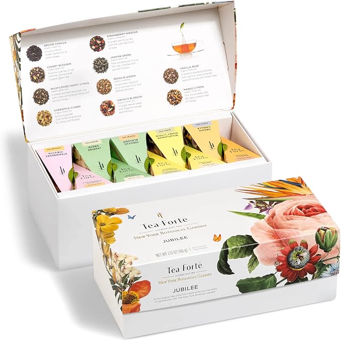 Tea Forte Jubilee Presentation Box Tea Gift Set Sampler, 20 Count 2 of Each Variety Individually Wrapped Handcrafted Pyramid Infuser Bags