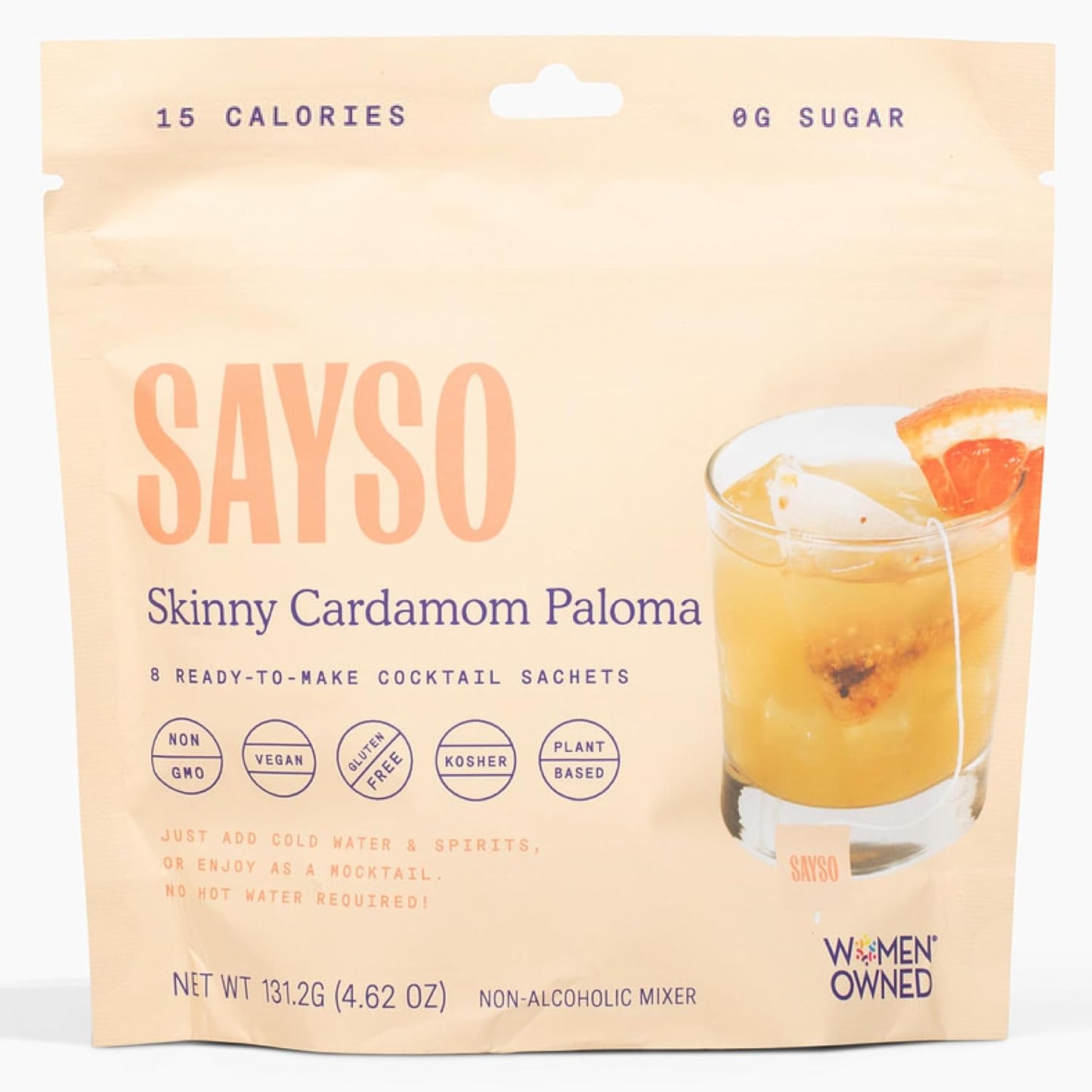 SAYSO Skinny Cardamom Paloma | The Original Craft Cocktail Tea Bag Mixer | Organic, Certified Gluten-free, Non-GMO |< 15 Cal, 0g Sugar, Steep in Cold Water & Spirits, For a Perfect Mocktail, 8 count