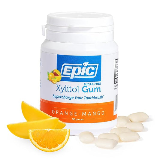 Epic 100% Xylitol Orange Mango Chewing Gum - Sugar Free, Aspartame Free Dental Gum - Supports Oral Health & Fresh Breath - 50 Pieces