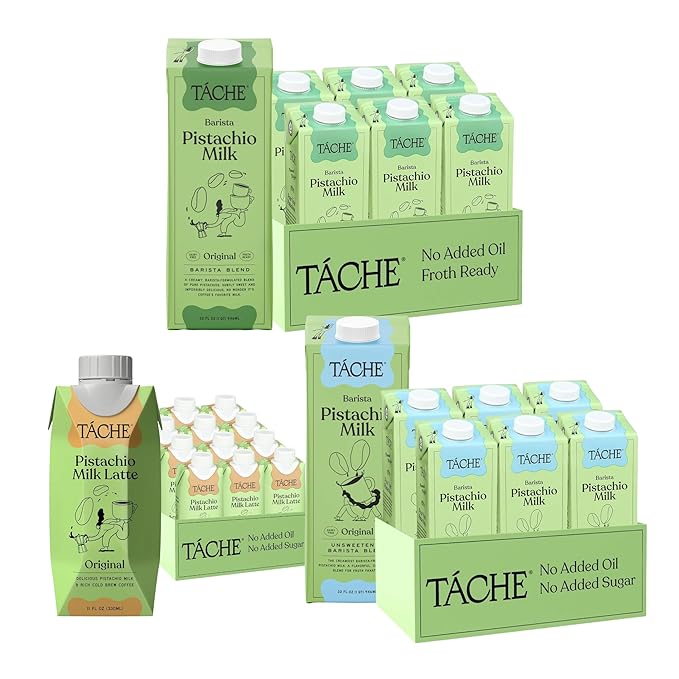 Táche Pistachio Milk and Coffee Bundle, Original & Unsweetened Barista Milks with Ready-to-Drink Latte, 6-Pack Each