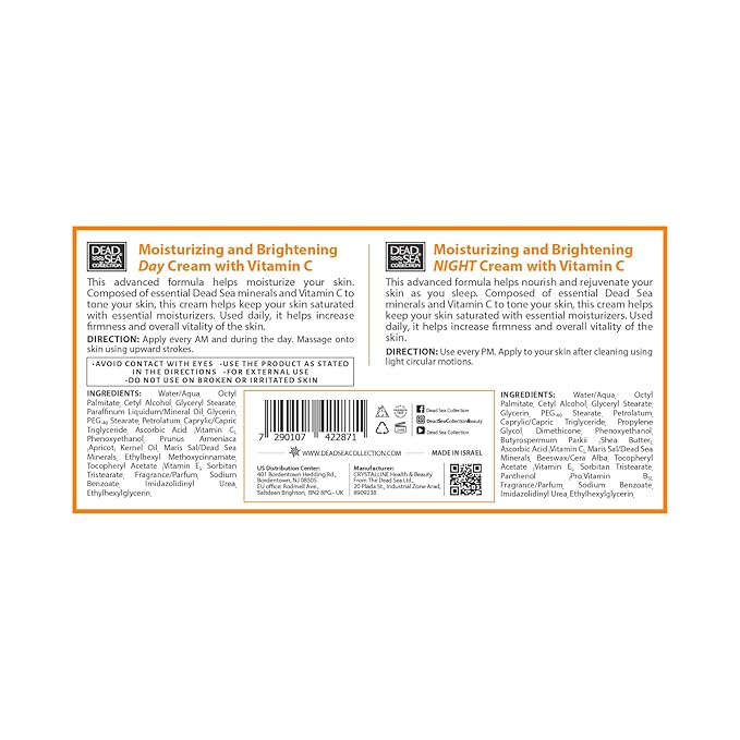 Dead Sea Collection Day and Night Cream Kit with Vitamin C - Anti-Wrinkle - Dead Sea Minerals - Nourishing, Moisturizer, Hydrating and Smoothing Face Cream (3.38 fl.oz)