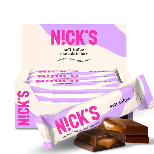 NICKS Soft Toffee Chocolate Bar with Caramel Without Added Sugar,110 Calories, 3.5 Net Carbs, Gluten Free, Low Carb Candy (15x28g)