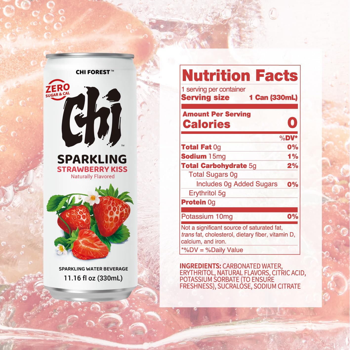 CHI FOREST Strawberry Sparkling Water Beverage, Zero Sugar Drinks, Zero Artificial Flavor, 11.16 fl oz Cans (Pack of 24)