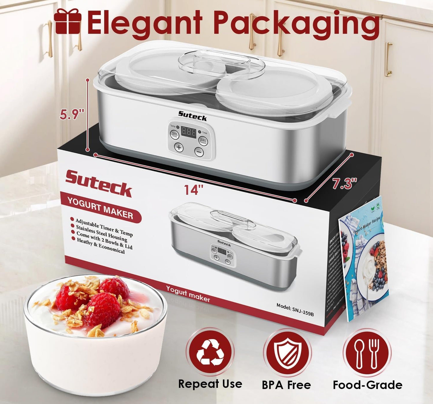 Suteck Yogurt Maker - Stainless Steel Yogurt Makers with Adjustable Time & Temp Control，Automatic Shut-Off & Constant Temper for Homemade Greek, Probiotic Yogurt, BPA-Free 2 Yogurt Bowls (2 Quart)