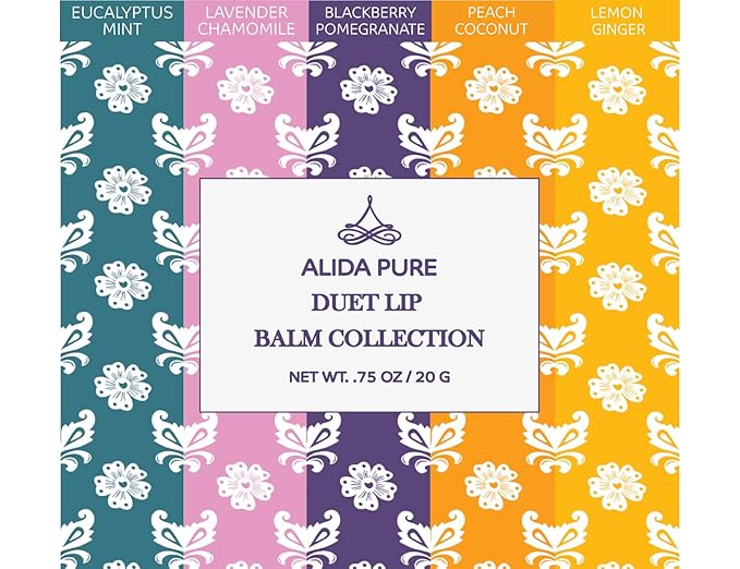 ALIDA PURE Duet Lip Balm Collection, Vegan, Lip Balm Set, Coconut Oil Free, Avocado Oil, Organic Jojoba Oil, Vitamin E Oil, Vegan, Lip Oil Set for Dry Cracked Lips, 5 Tubes of Lip Balm per Set