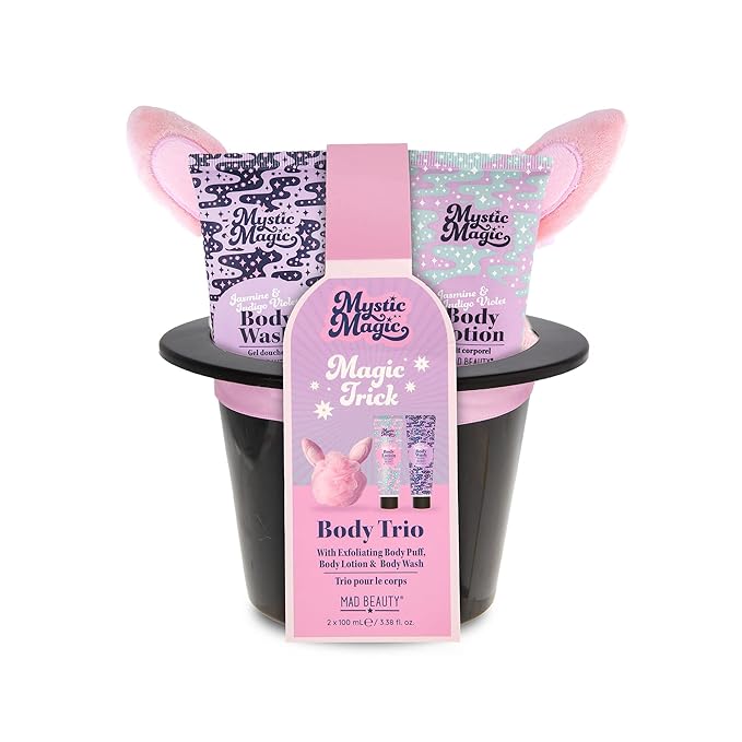 MAD BEAUTY Mystic Magic Rabbit in the Hat Body Trio, 3-in-1 Bath Kit: Exfoliating Loofah, Body Lotion, & Body Wash, Gorgeous Jasmine & Indigo Violet, Relax & Unwind, Great Self-Care Gift Set