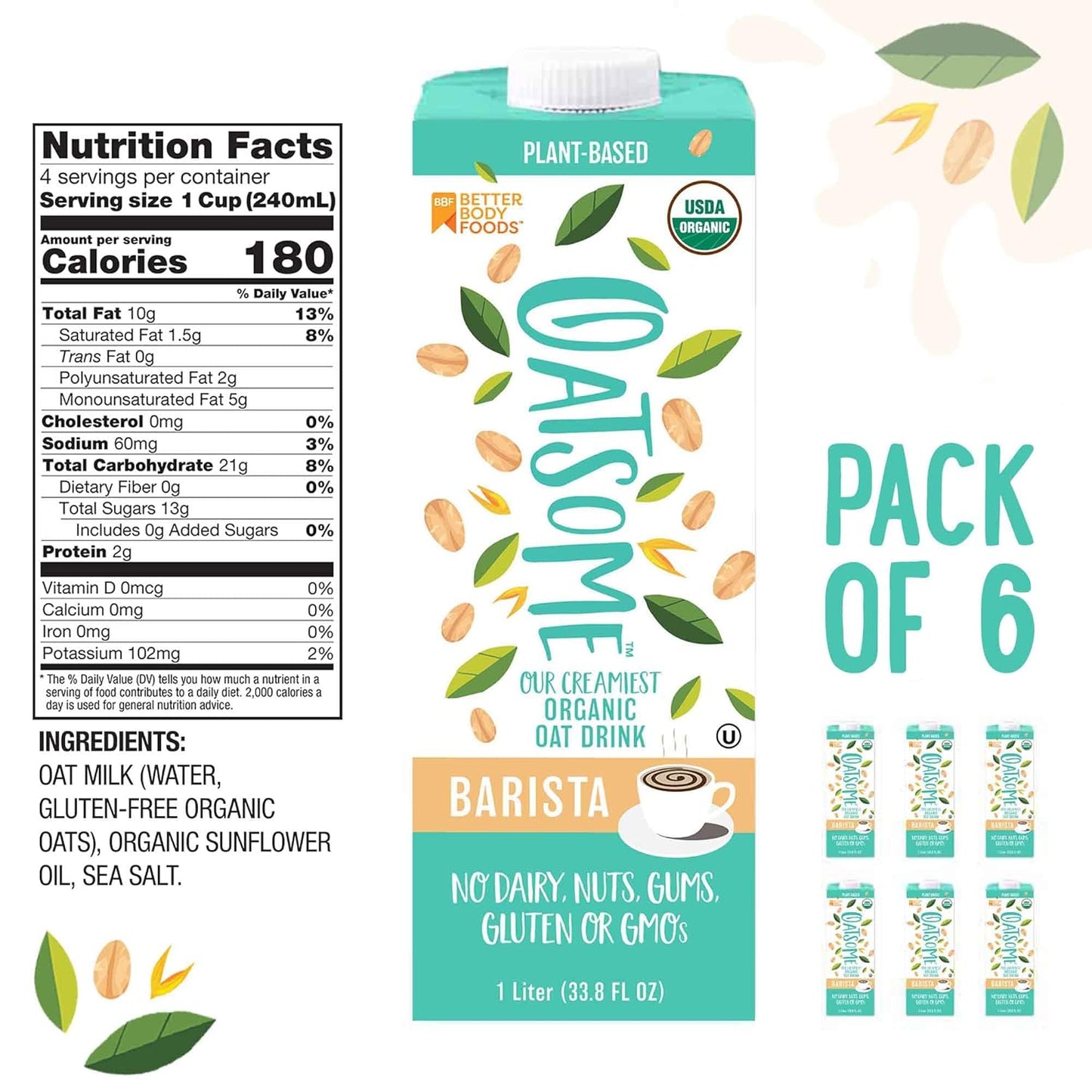 Oatsome Organic Oat Milk, Barista Blend, Gluten-Free, Dairy-Free (6 Pack), 33.8 Fl Oz